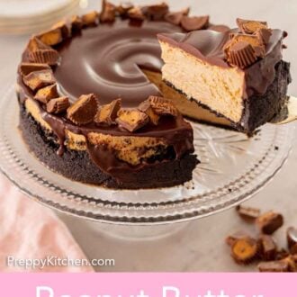 Pinterest graphic of a slice of peanut butter cheesecake lifted from the main cake on a cake stand.