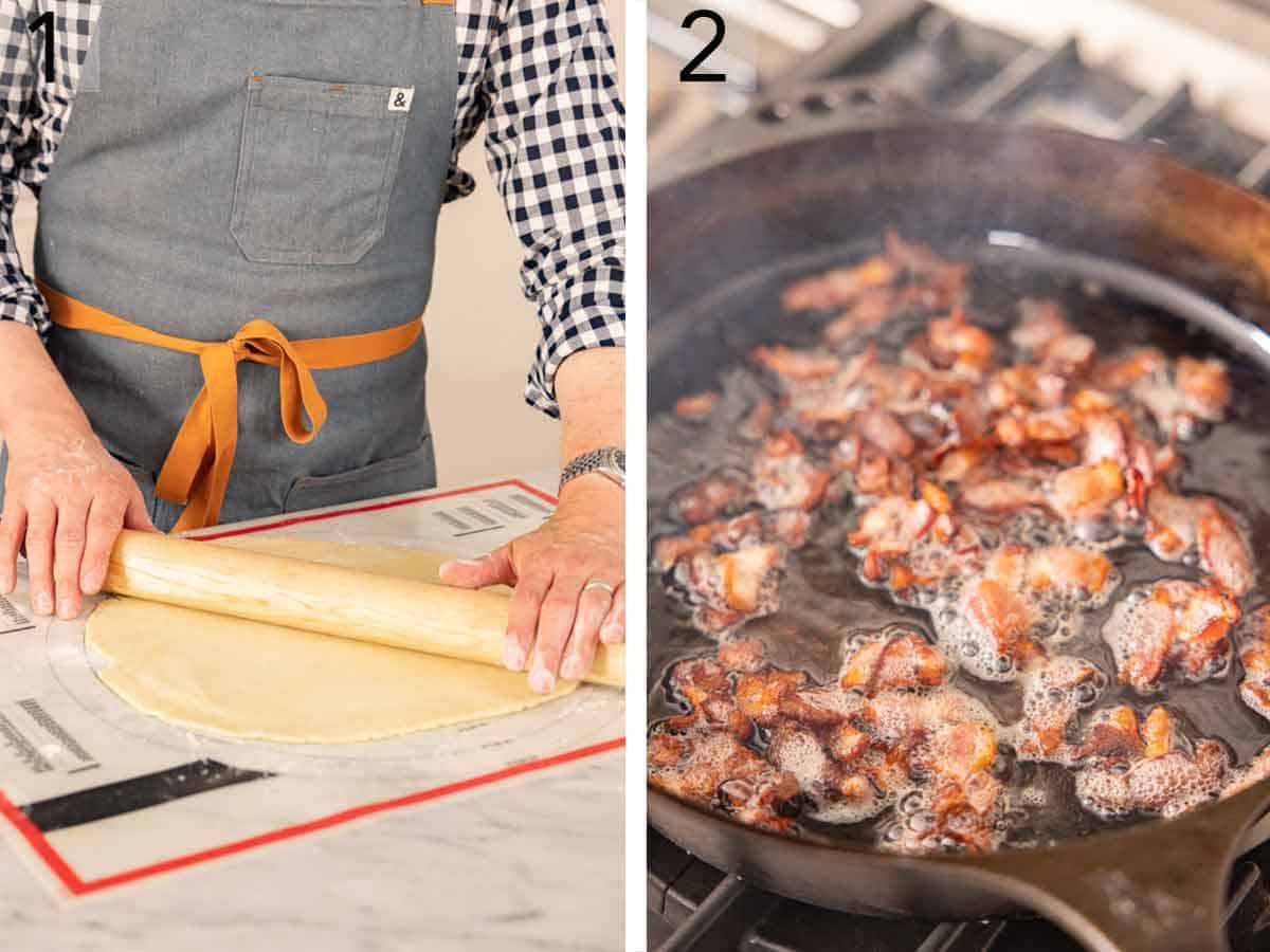 Set of two photos showing pie crust rolled out and bacon cooked in a skillet.