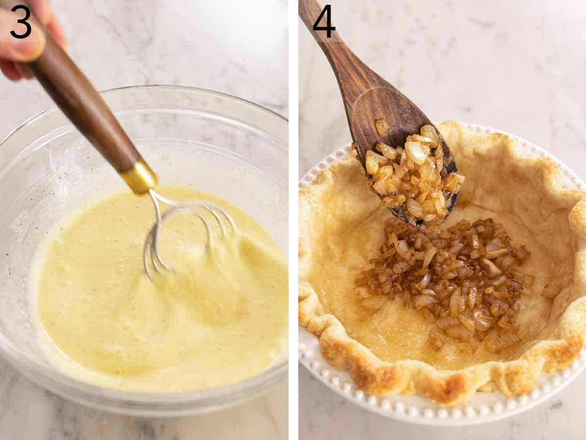 Set of two photos showing egg mixture whisked and cooked onion added to a baked pie crust.