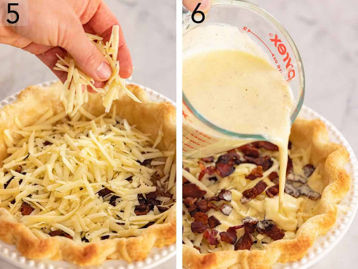 Set of two photos showing shredded cheese and egg filling added to the crust.