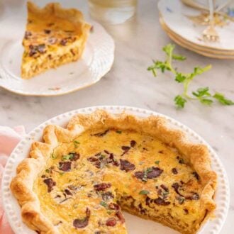 Pinterest graphic of a quiche Lorraine in a baking dish with a slice cut out and plated behind it.