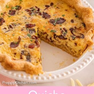 Pinterest graphic of a quiche Lorraine in a pie dish with slice cut out.