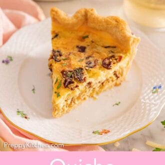 Pinterest graphic of a plate with a slice of quiche Lorraine and a drink behind it.