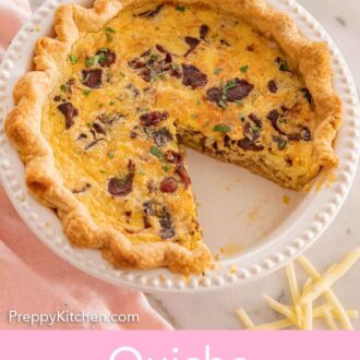 Pinterest graphic of an overhead view of a quiche Lorraine with a slice cut out and some shredded cheese on the side.