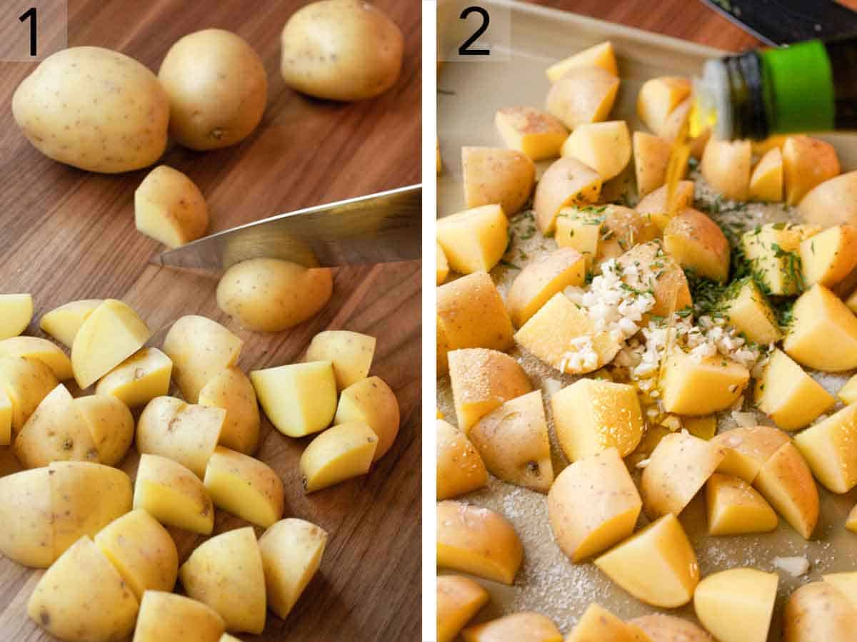 Set of two photos showing potatoes cut into quarters and seasoned.