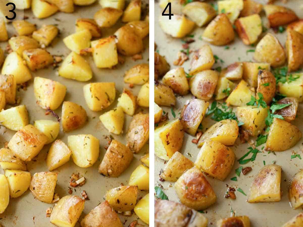 Set of two photos showing the process of the potatoes being roasted then garnished.