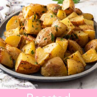 Pinterest graphic of a plate of roasted potatoes with fresh parsley garnish.