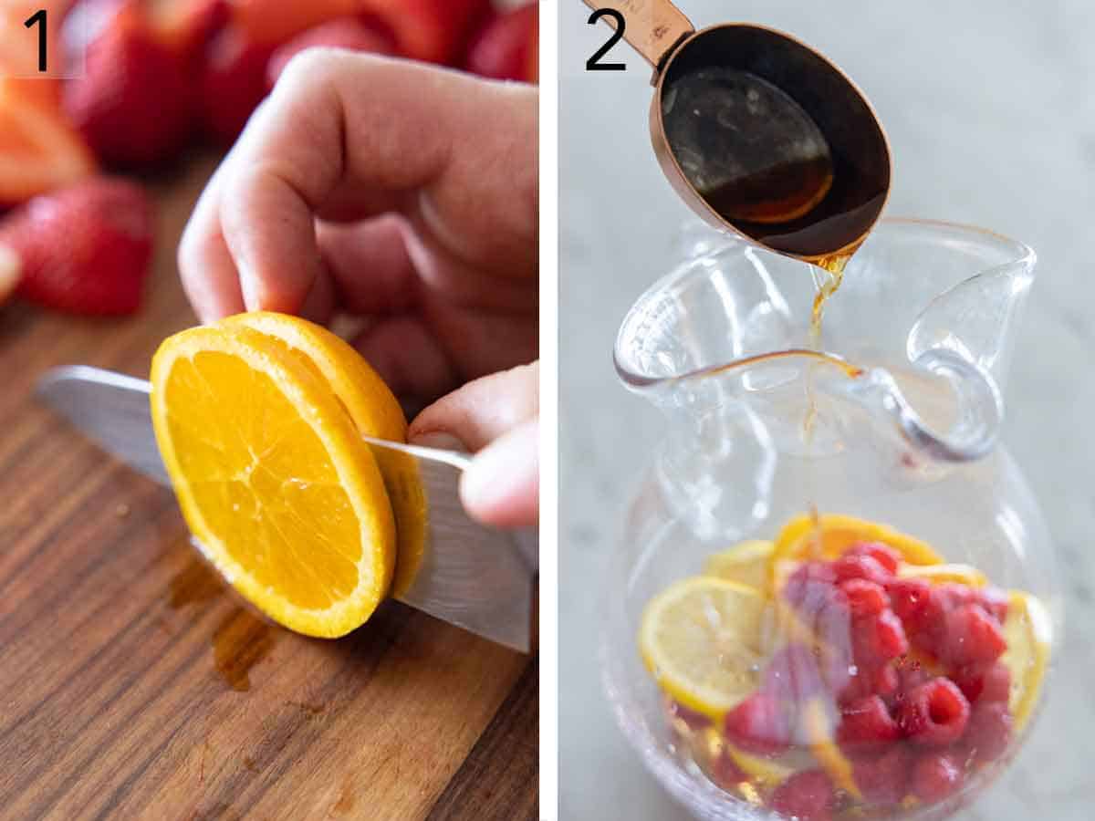 Set of two photos showing an orange sliced and brandy added to a pitcher of fruit.