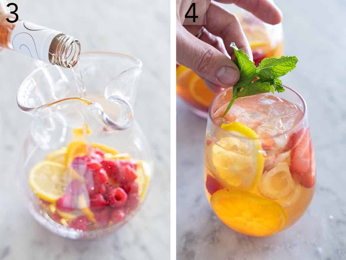 Set of two photos showing wine poured into a pitcher and a drink garnished with mint.