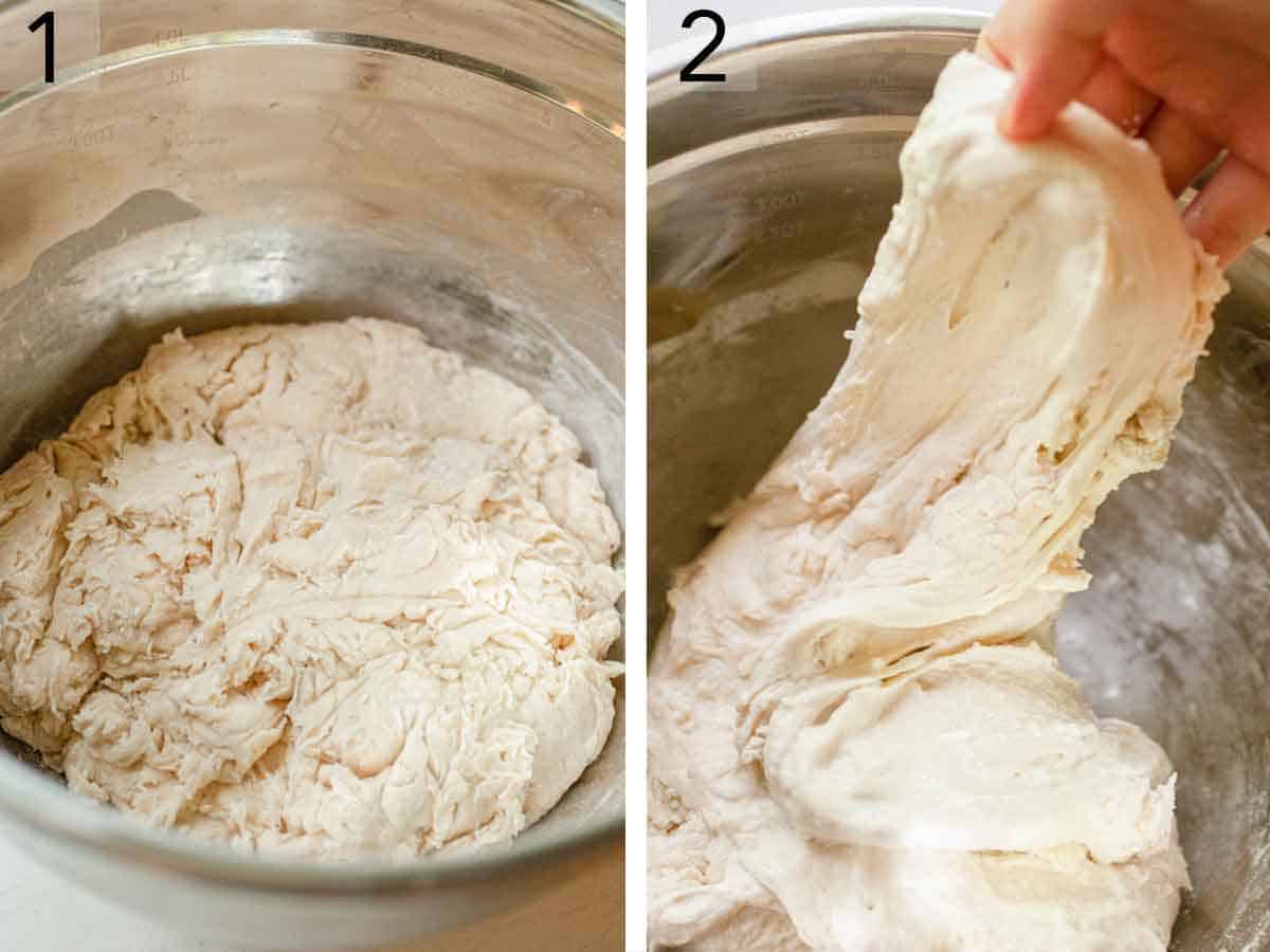 Set of two photos showing dough mixed til shaggy and then stretched and folded.