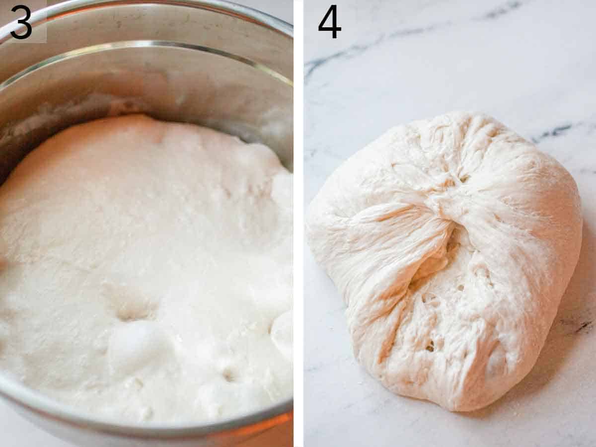 Set of two photos showing dough proofing and pinched together.