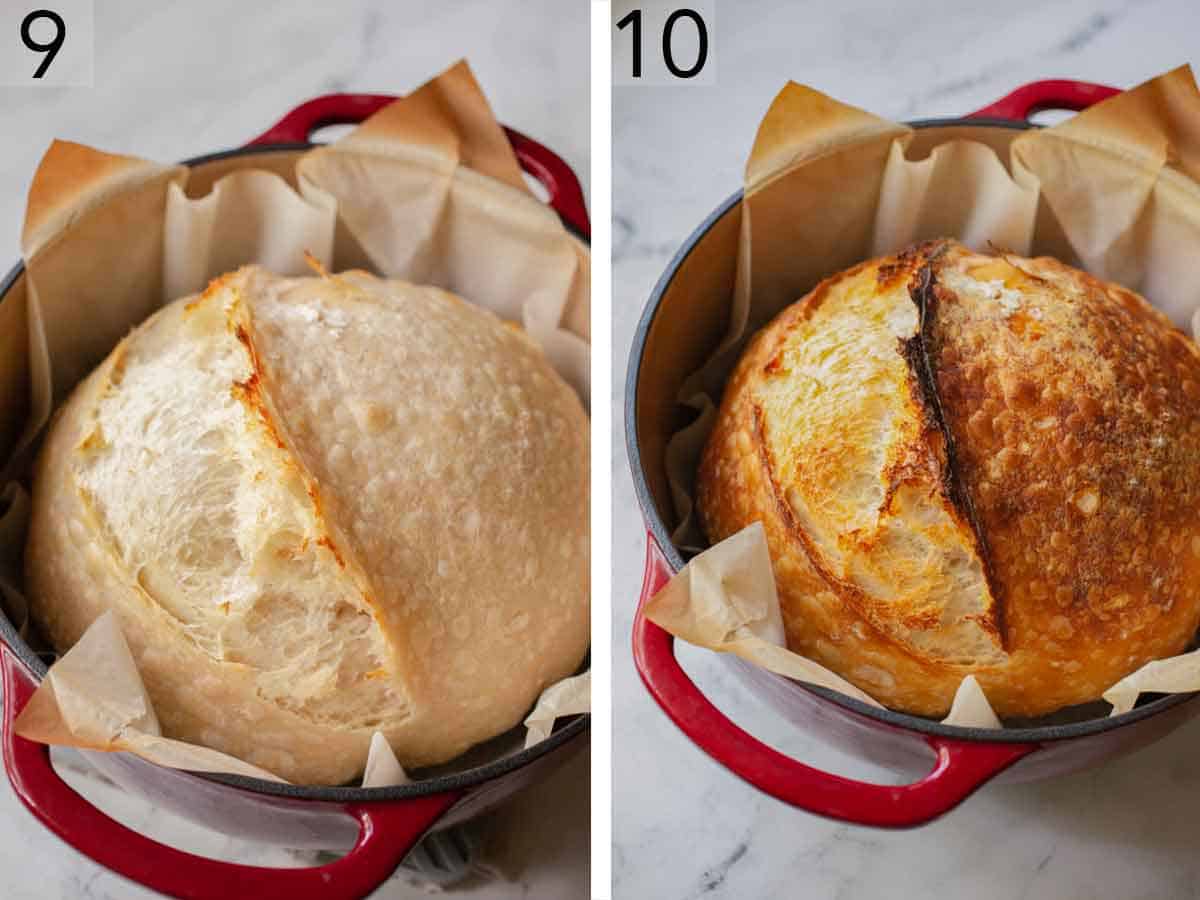 Set of two photos showing dough baked before and after removing the lid.
