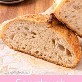 Pinterest graphic of a loaf of sourdough bread cut in half, showing the crumb.