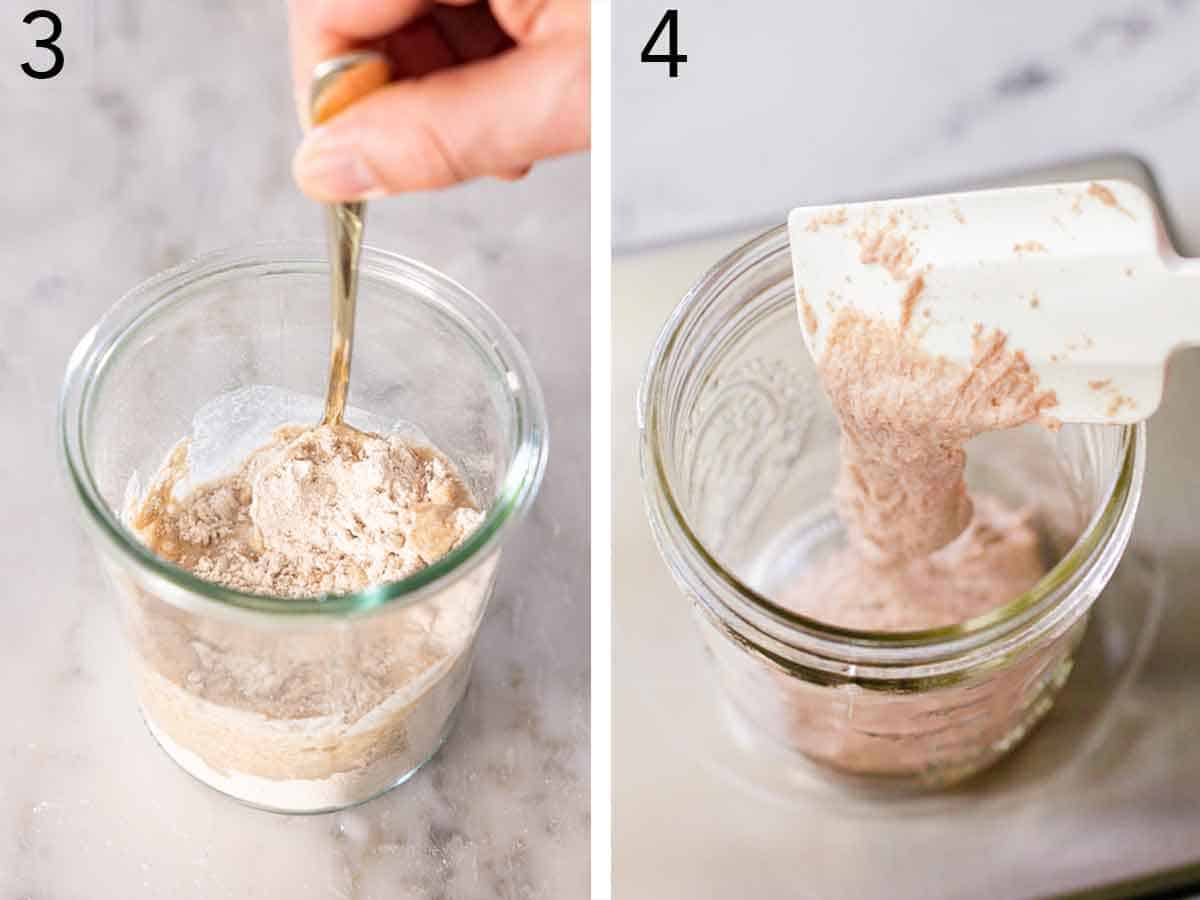 Set of two photos showing flour and water mixed and the starter transferred.