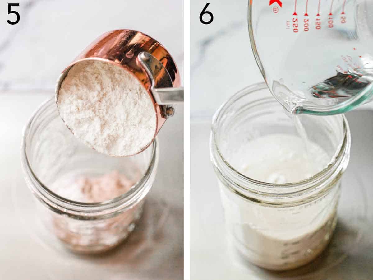 Set of two photos showing flour and water added to some starter in a jar.