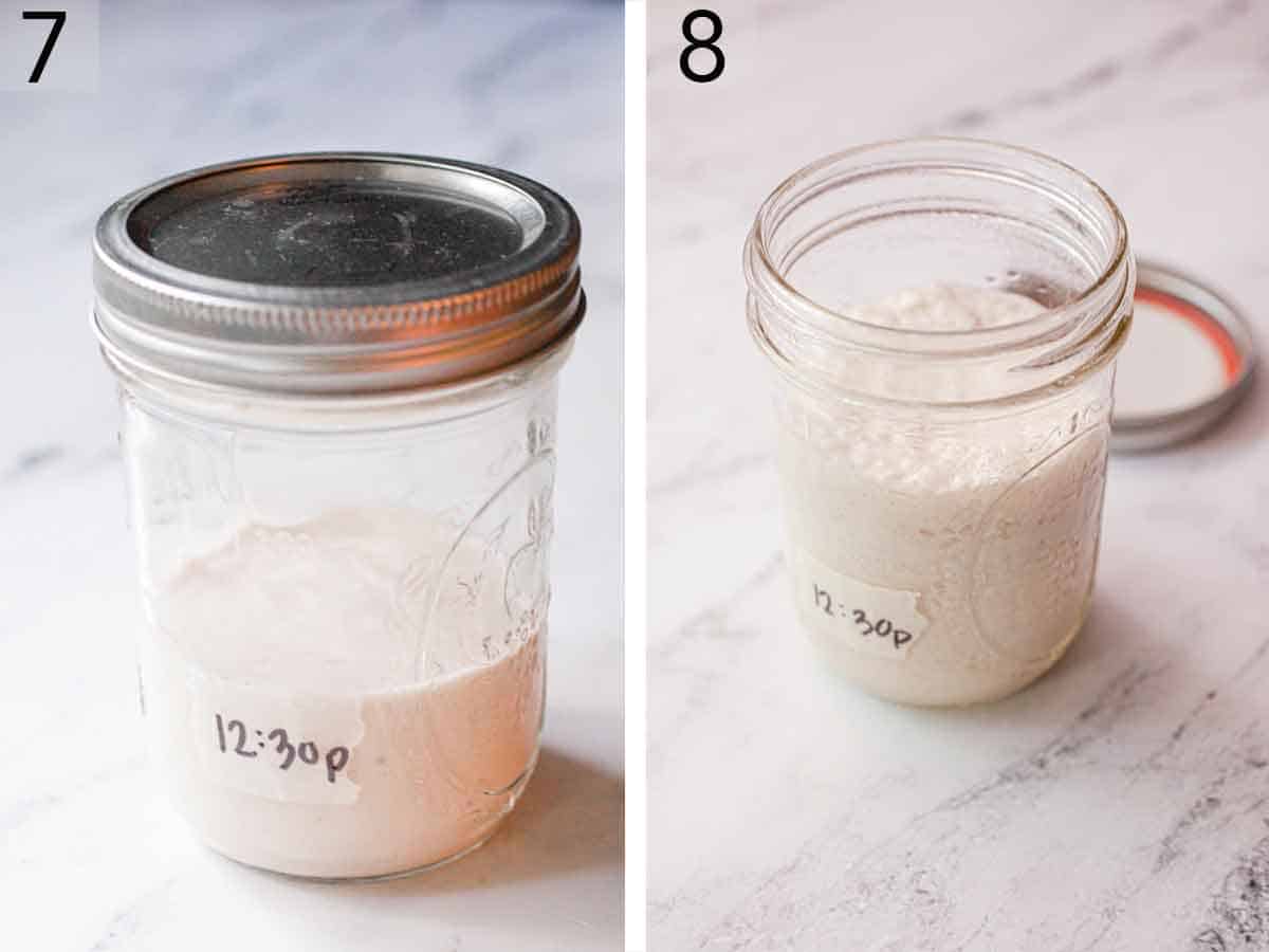 Set of two photos showing a labeled jar with the mixture getting bubbly over time.