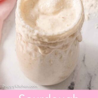 Pinterest graphic of an angled view of a jar of bubbly sourdough starter.