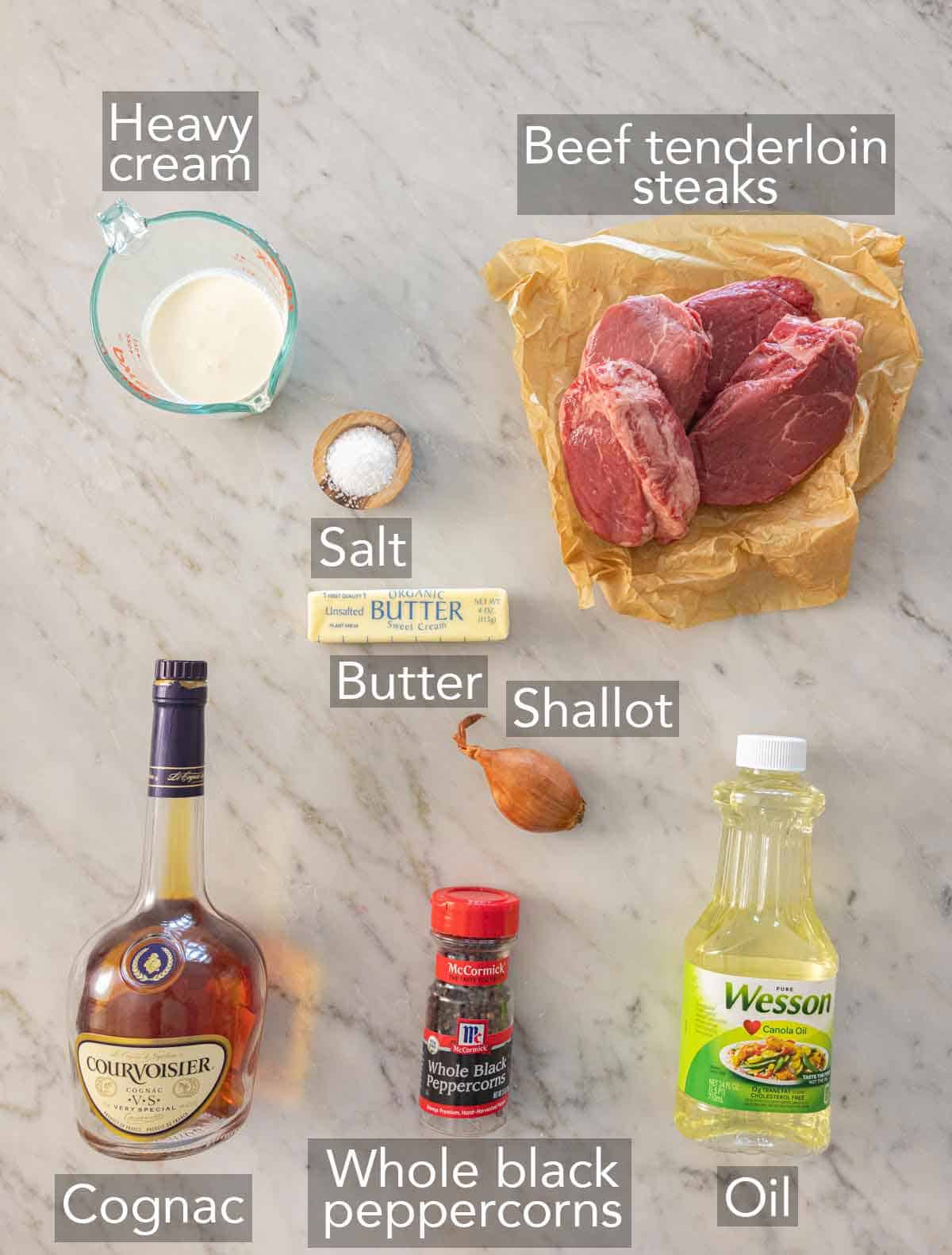 Ingredients needed to make steak au poivre.