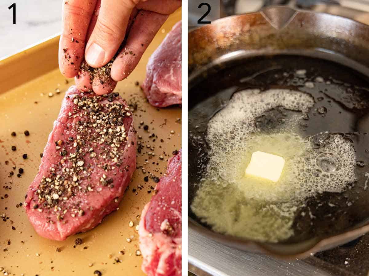 Set of two photos showing beef seasoned and butter melting in a skillet.