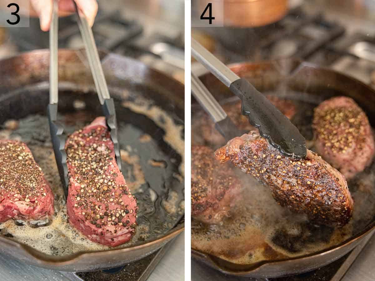 Set of two photos showing the beef added to the skillet and seared.
