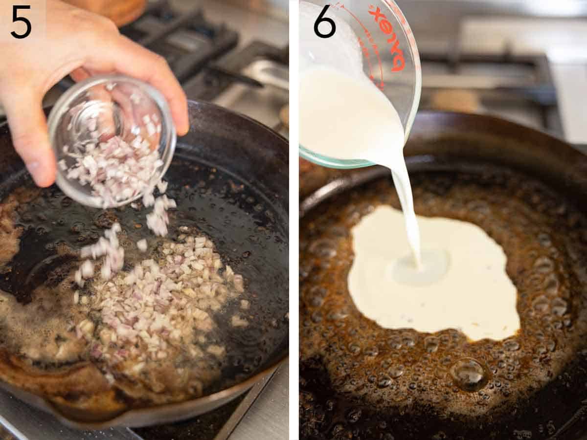 Set of two photos showing shallots and cream added to the skillet.