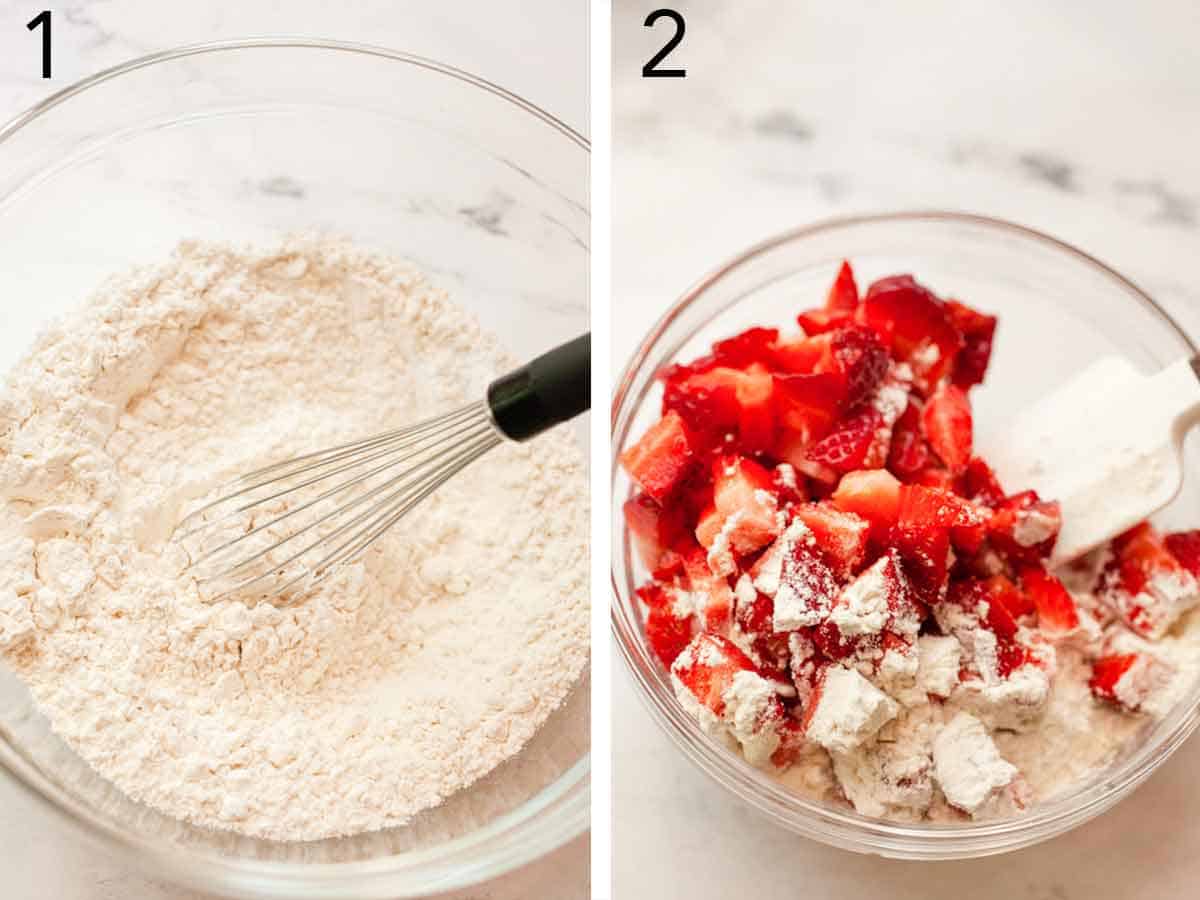 Set of two photos showing dry ingredients whisked and strawberry tossed in flour.