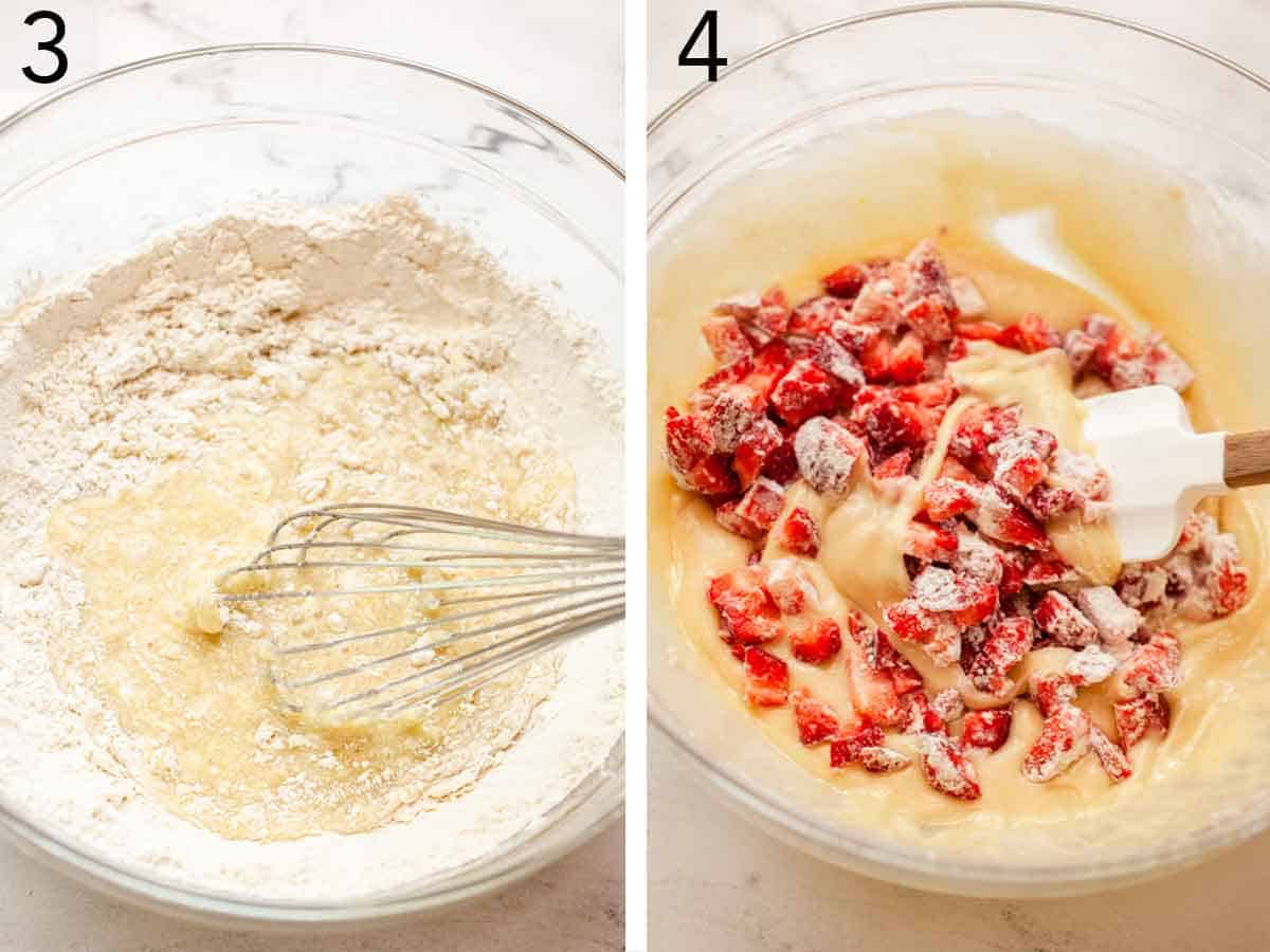 Set of two photos showing wet ingredients whisked into dry and strawberries folded in.