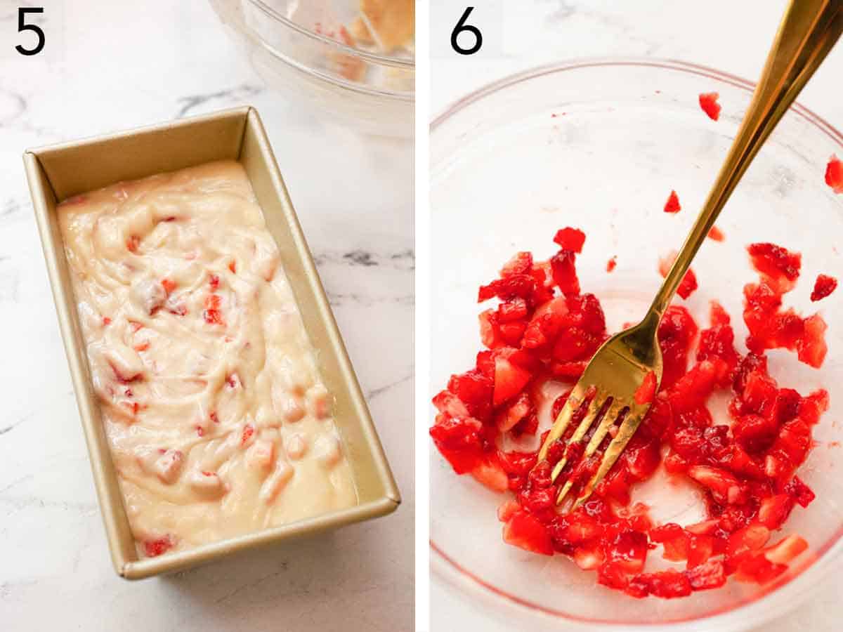 Set of two photos showing batter in a loaf pan and diced berries mashed.