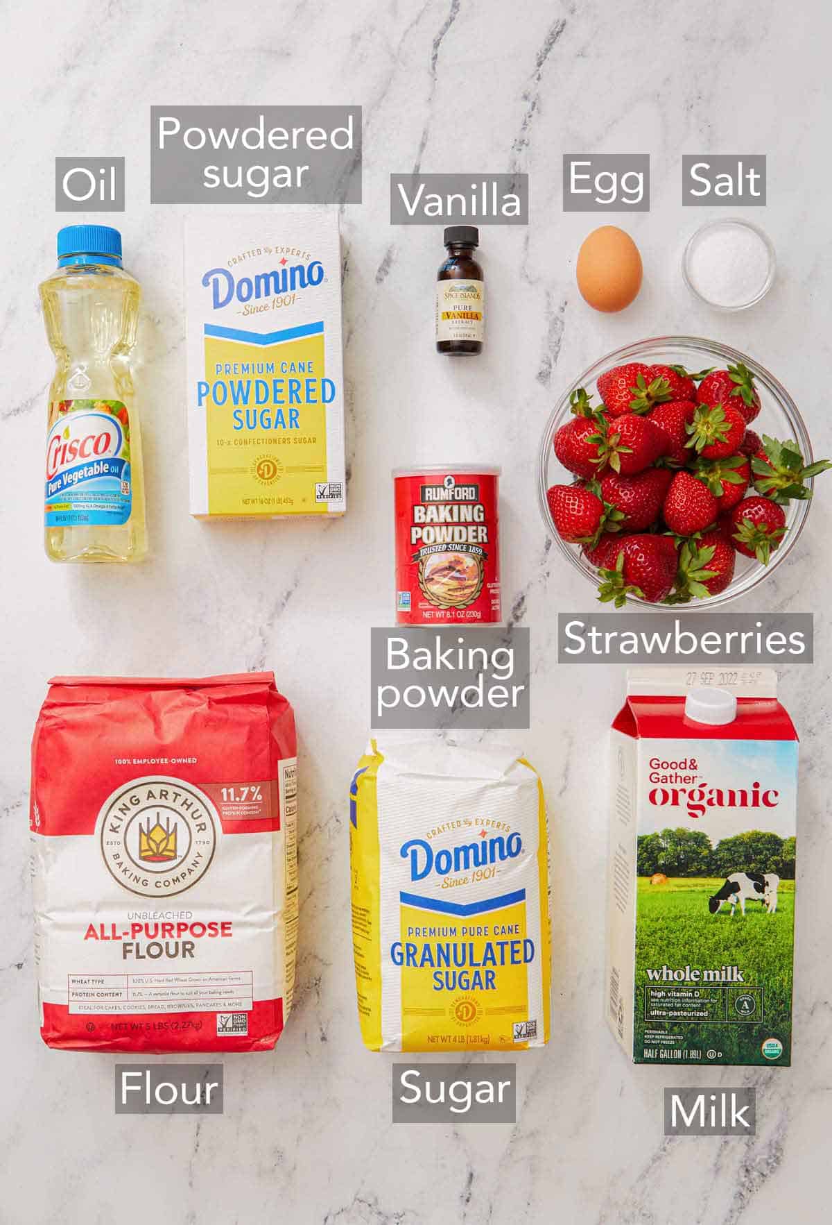 Ingredients needed to make strawberry bread.