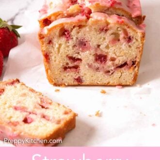 Pinterest graphic of a loaf of strawberry bread with slices cut, showing the middle of the bread.