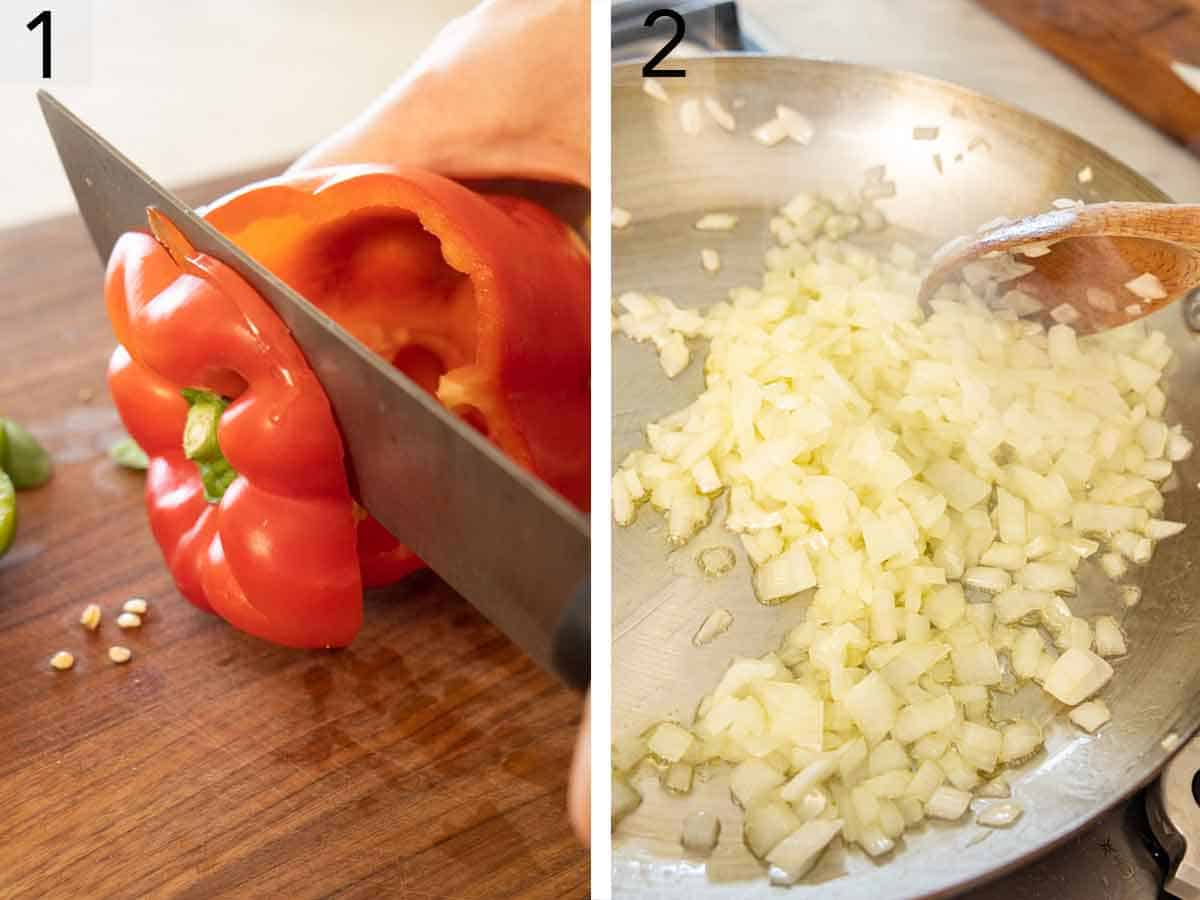 Set of two photos showing a bell pepper cut and onions added to a skillet.