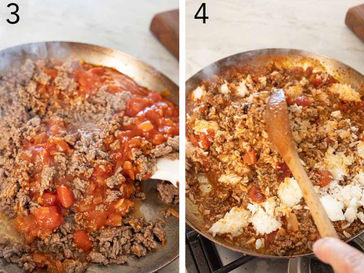 Set of two photos showing beef, tomatoes, and rice added to a skillet.