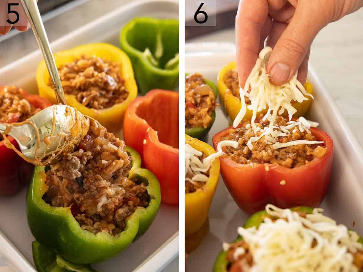 Set of two photos showing the meat filling scooped into bell peppers and cheese sprinkled on top.