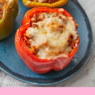 Pinterest graphic of an overhead close view of one of multiple stuffed peppers on a blue platter.