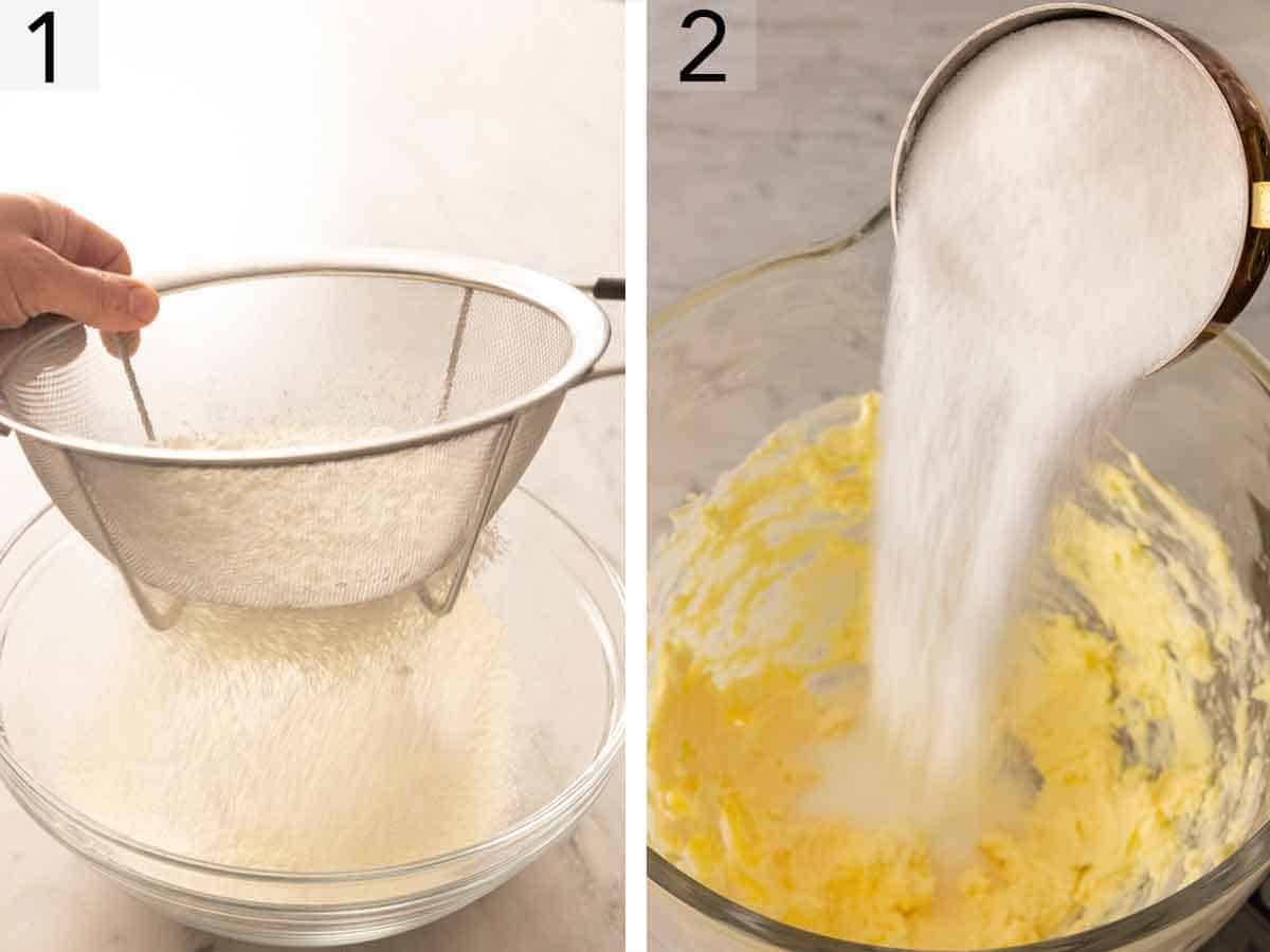 Set of two photos showing dry ingredients sifted and sugar added to butter.