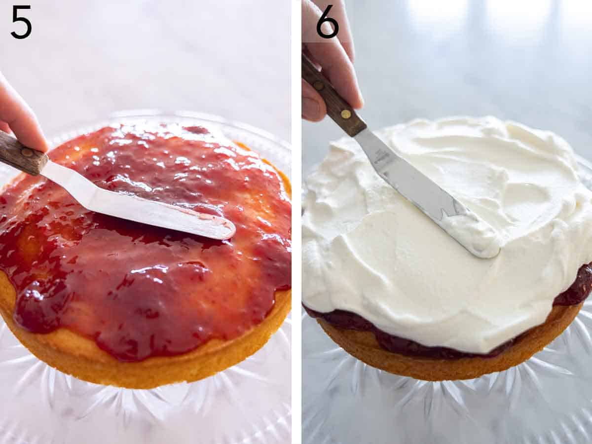 Set of two photos showing jam and whipped cream spread on the cake.