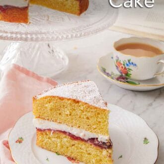Pinterest graphic of a slice of Victoria sponge cake on a plate in front of a cup of coffee.