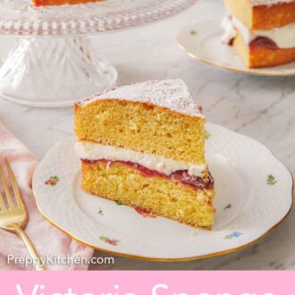 Pinterest graphic of a slice of Victoria sponge cake in front of a cake stand with the rest of the cake and another slice on the side.