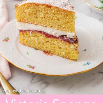 Pinterest graphic of a plate with a slice of Victoria sponge cake.