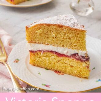 Pinterest graphic of two plates of Victoria sponge cake slices with one in focus in the front.