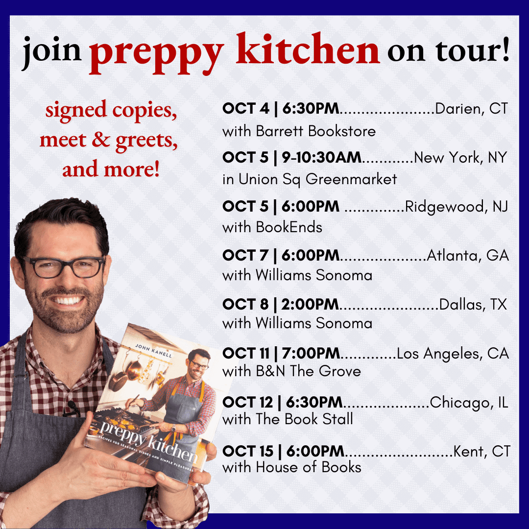 An image showing the locations and dates of the Preppy Kitchen book tour.