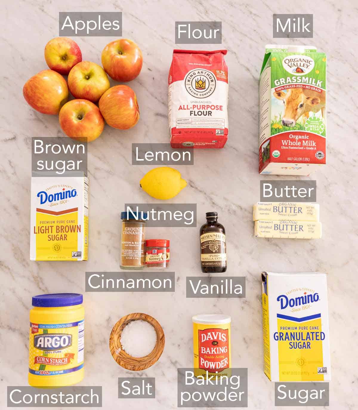 Ingredients needed to make an apple cobbler.