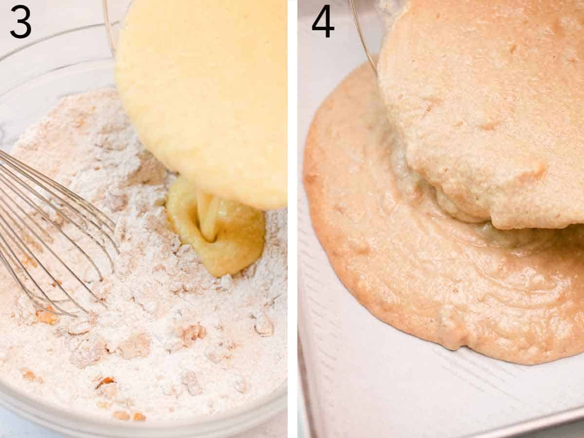 Set of two photos showing wet and dry ingredients combined and poured into a pan.