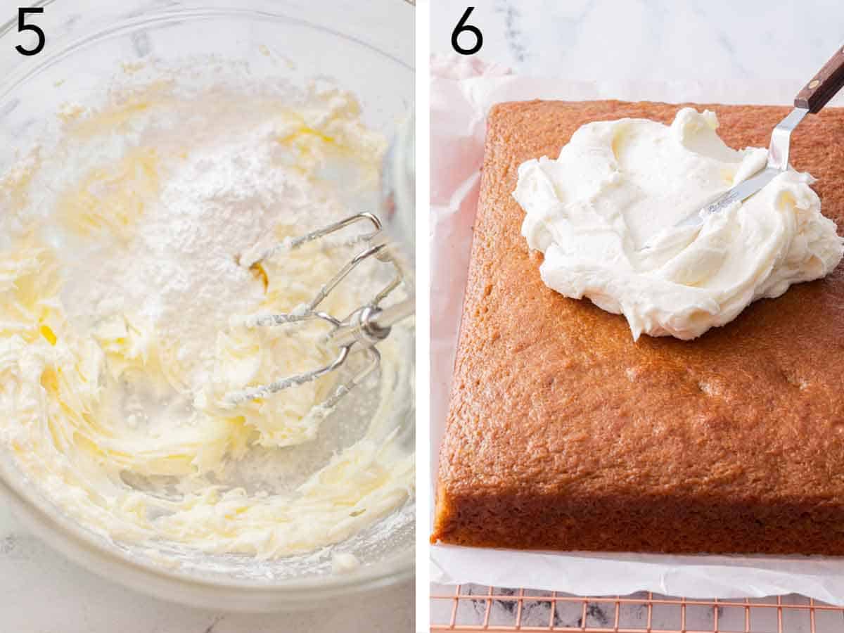 Set of two photos showing frosted whipped together and spread onto the cake.
