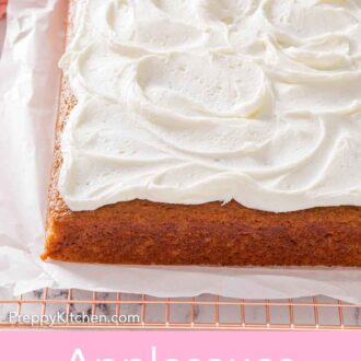 Pinterest graphic of a whole applesauce cake with frosting on top of parchment paper on a wire rack.