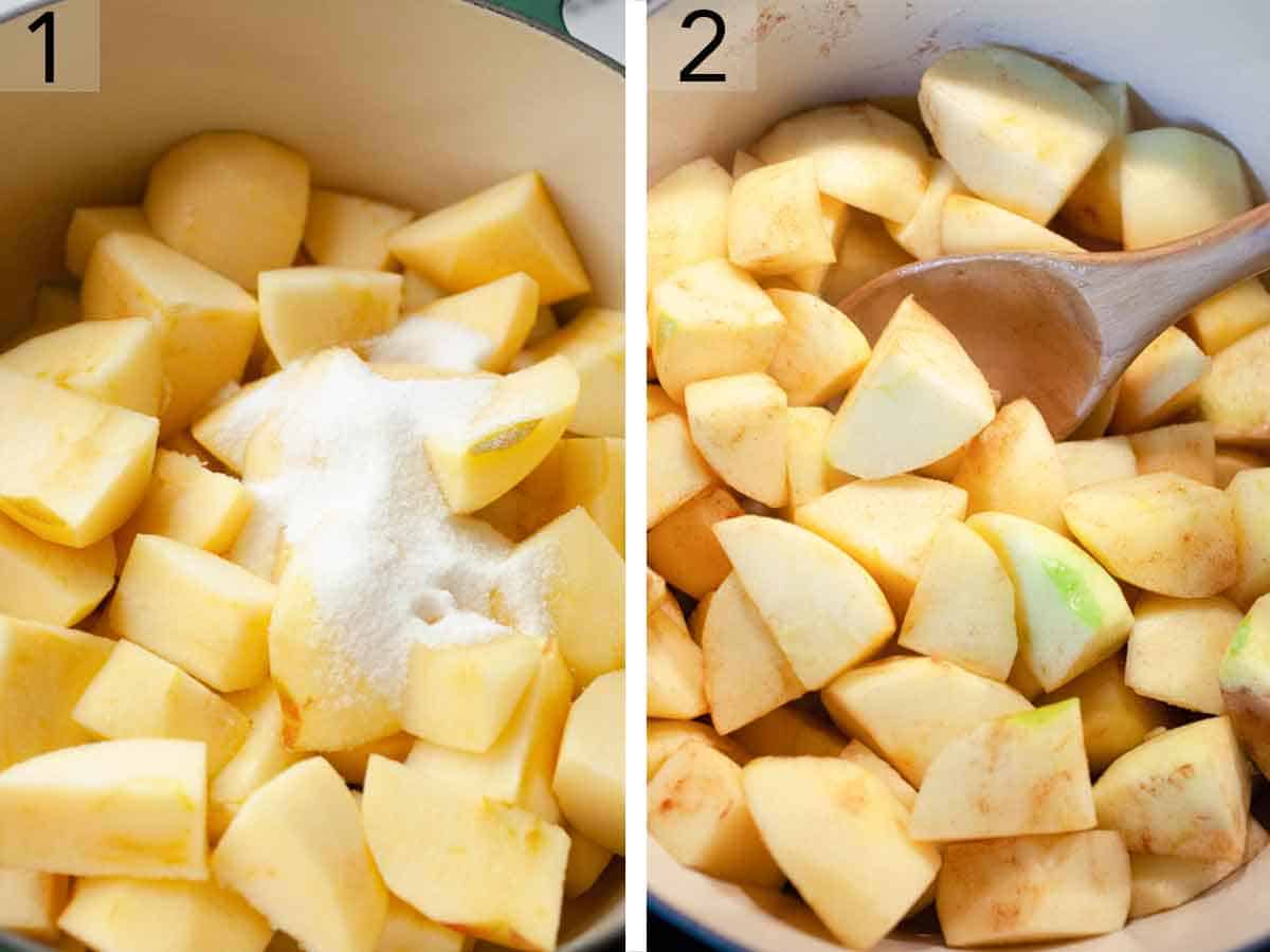Set of two photos showing sugar added to a pot of diced apples and stirred with cinnamon.