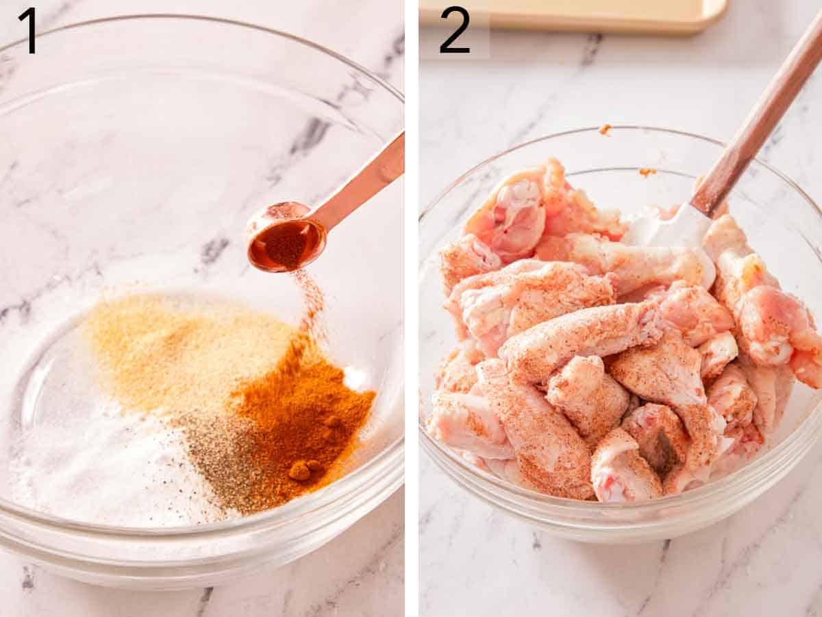 Set of two photos showing seasoning mixed and chicken coated in it.