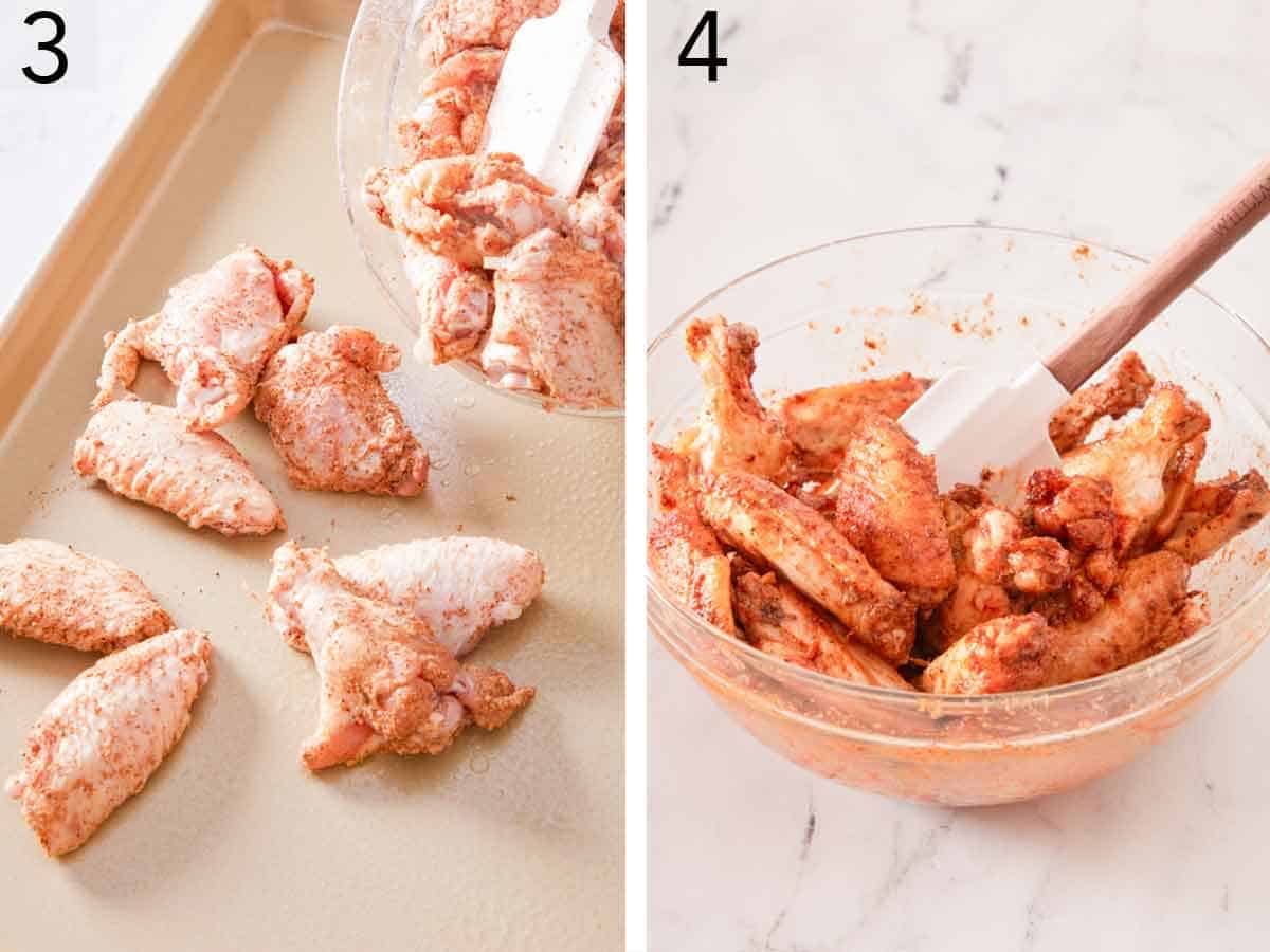 Set of two photos showing the seasoned poultry added to a greased sheet pan then tossed in butter after baking.