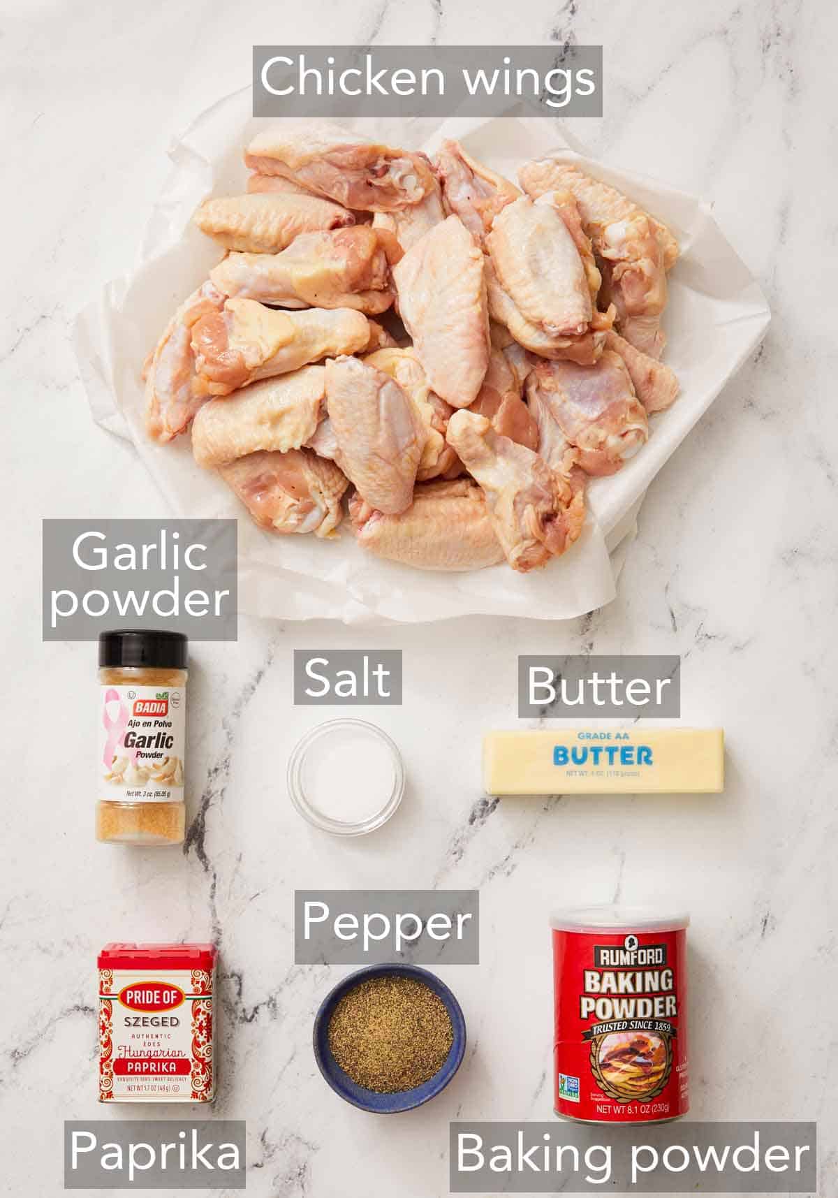 Ingredients needed to make chicken wings.
