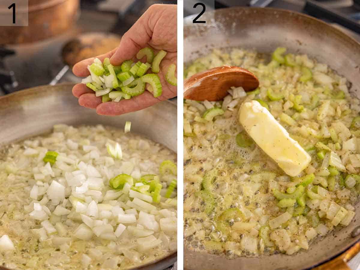 Set of two photos showing onions and celery added to a skillet along with a stick of butter.